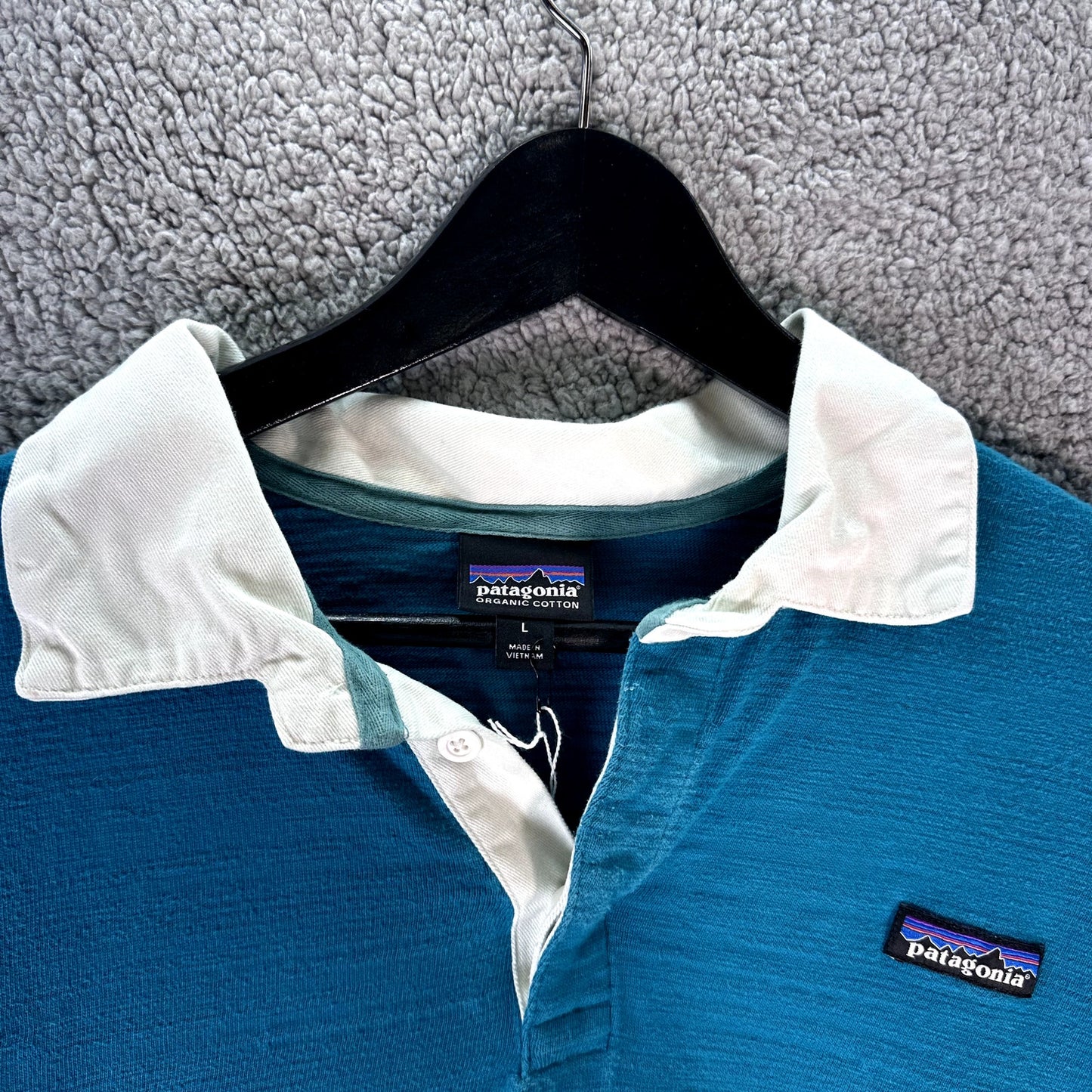 Patagonia Men's Organic Cotton Rugby Polo Shirt Turquoise Blue Yellow Size L