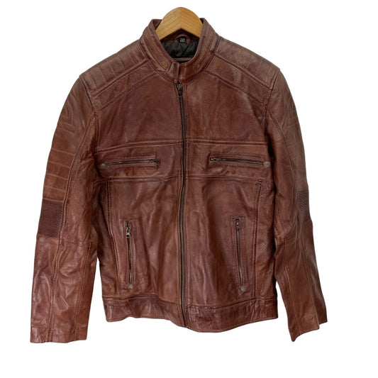 Real Leather Brand Jacket Motorcycle Brown Mens Medium