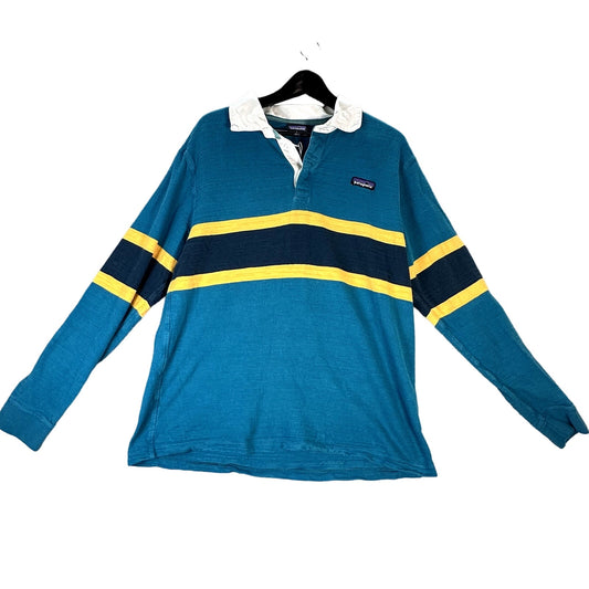 Patagonia Men's Organic Cotton Rugby Polo Shirt Turquoise Blue Yellow Size L